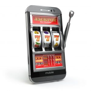 online casino concept. mobile phone and slot machine with jackpot. 3d